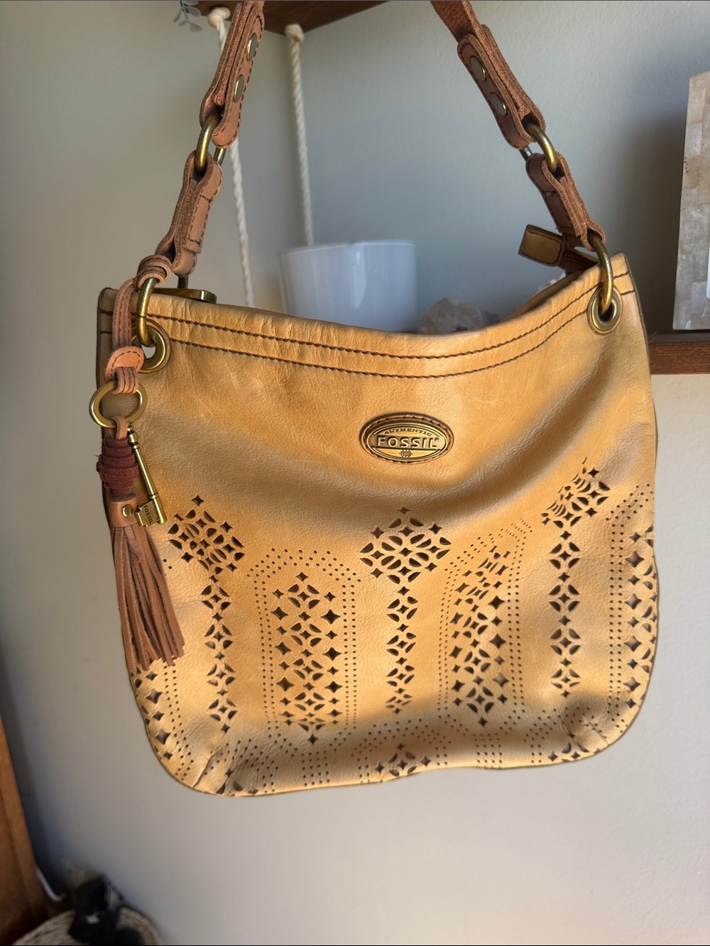 Fossil Mustard-Tan Laser-Cut Leather Hobo with Tassel